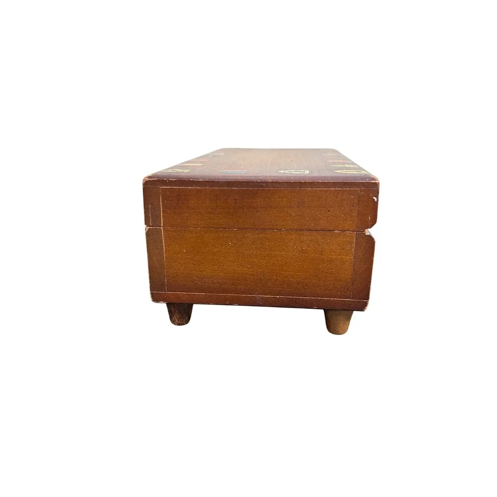 Vintage Edelweiss Cuendet Swiss Music Box‎ Wooden Trinket Jewelry  Works Crests